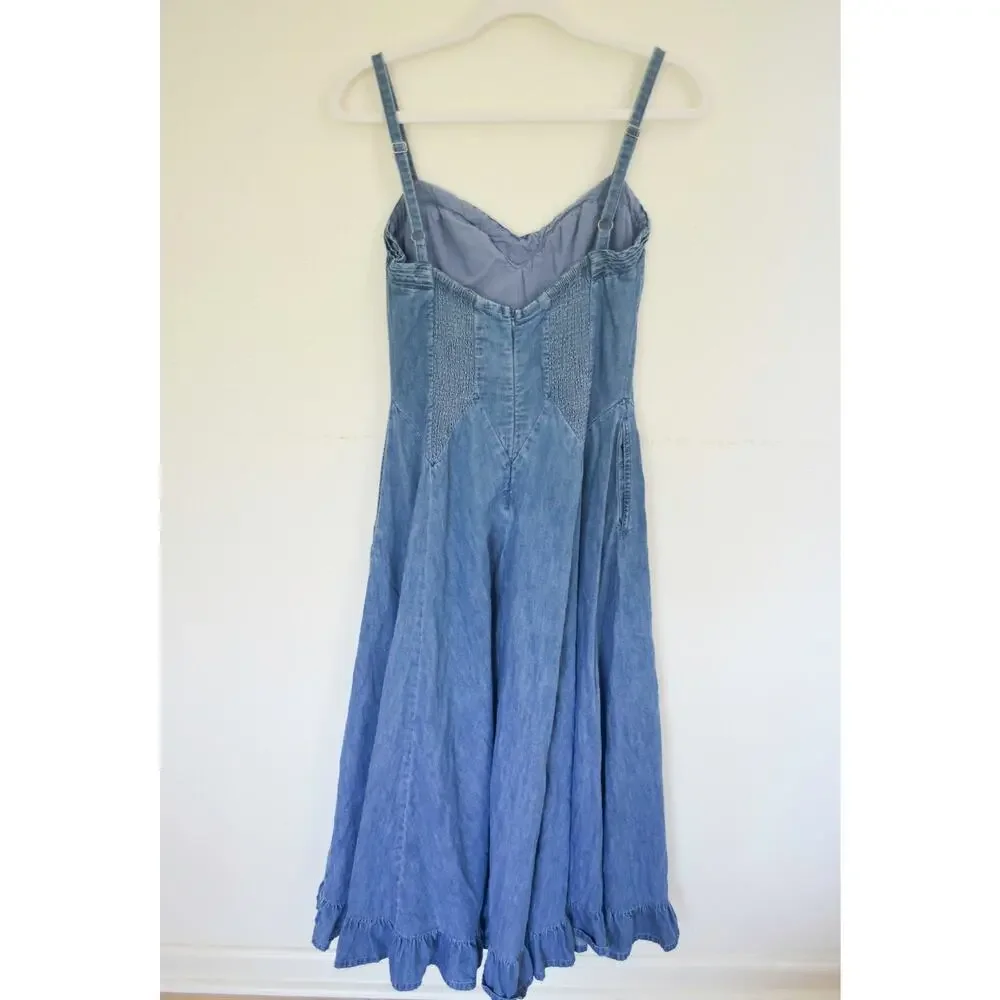 Free People Another Season Denim Dress Sweetheart Neck Ruffle Hem Cotton
